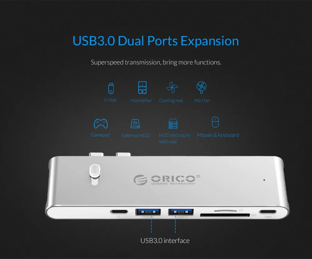 ORICO USB C концентратор тип-c до USB3.0/тип-c/TF/SD концентратор Мини-Док-станция для ноутбука
