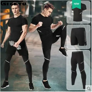 

2018 New 3 Pieces Mens Sports Suits Running Clothes For Men Short Compression Tights Gym Fitness T-shirt Sets