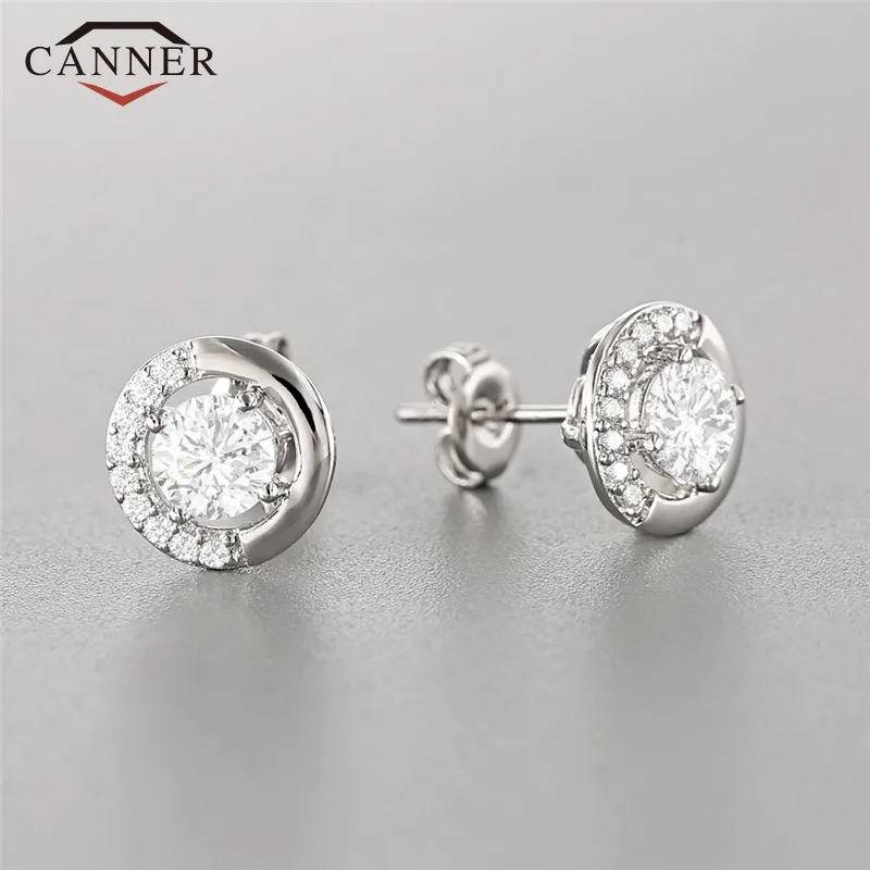 CANNER Silver Color Temperament Round Zircon Stud Earring Simple Jewelry for Women TH