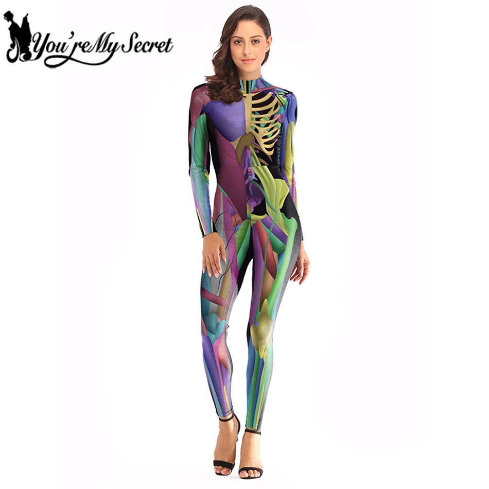 

[You're MySecret] 2019 Halloween Fantastic colorful Muscle Bodysuit Skeleton Scary Sexy Costume for Women Party Jumpsuit