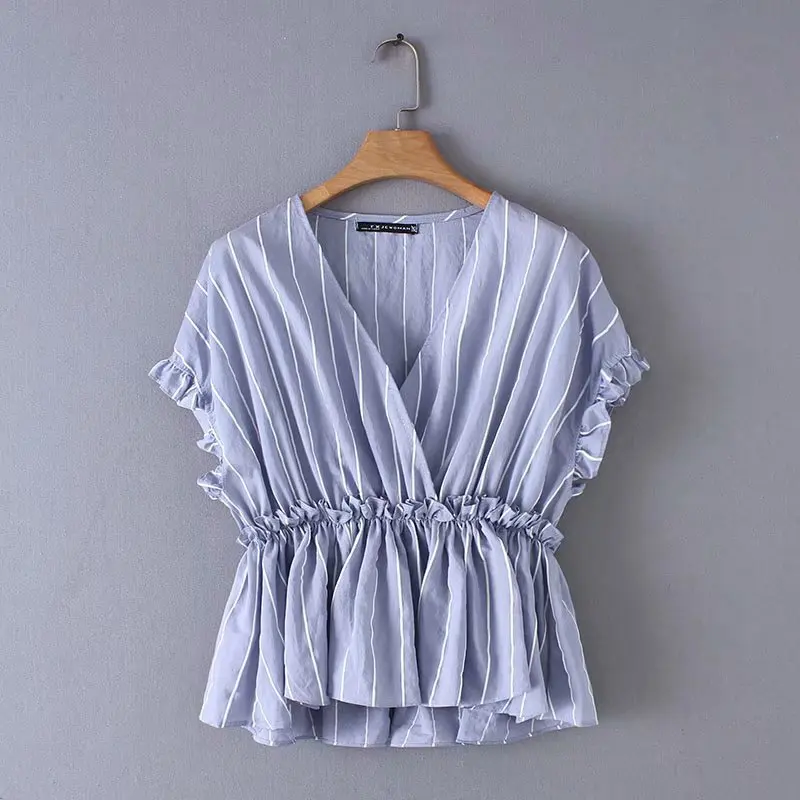 

2019 women fashion agaric lace striped blouse shirts women cross v neck ruffles chemise chic casual femininas blusas tops