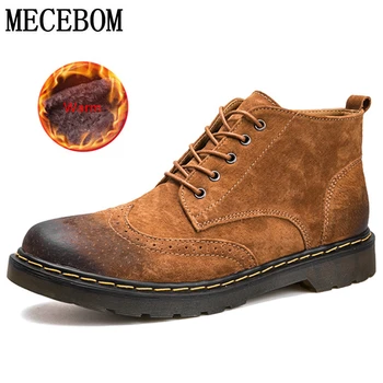 

Winter Men's Ankle Boots Fashion Brogue Men's Leather Shoes Lace Up Men shoes Fur Warm Boots botas hombre size38-45 6669m