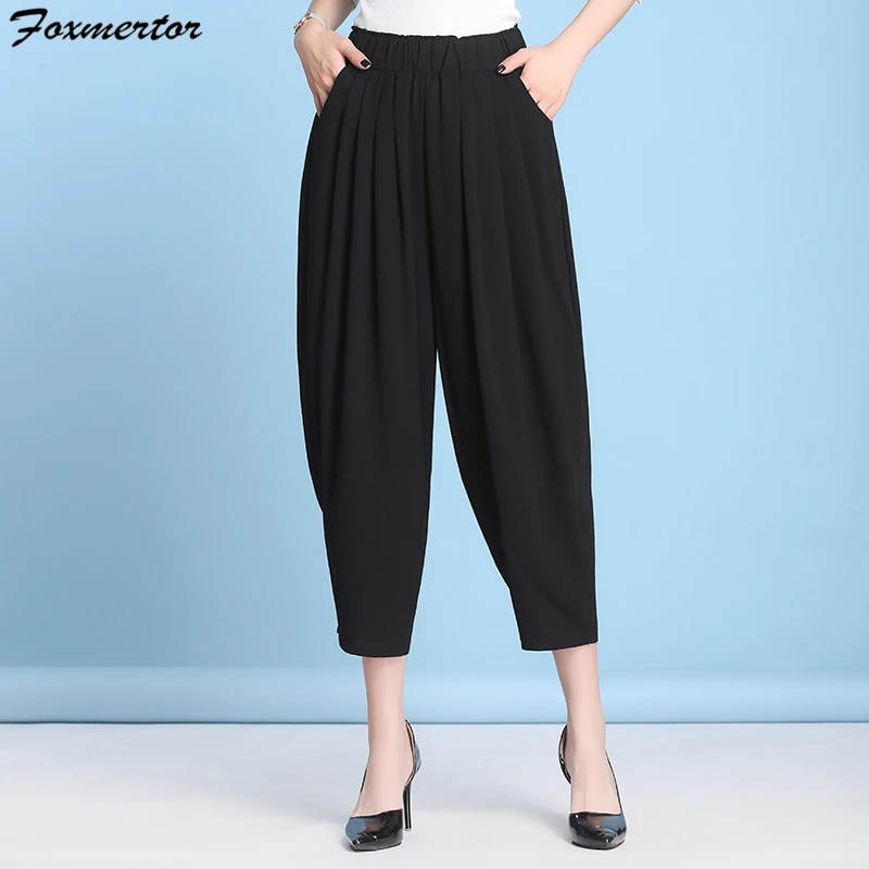 

Foxmertor New Elastic Waist Trouser Pocket Chiffon Pants Women Spring Autumn Ankle-Length Pants Casual Loose Harem Pants Palazzo
