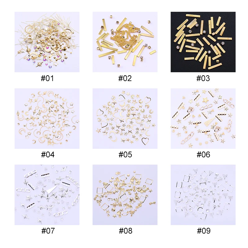 Шпильки для ногтей заклепки блестящие мини бусины AB Цвет Стразы в форме звезды, Луны смешанный размер Металл золото серебро 3D дизайн ногтей украшения