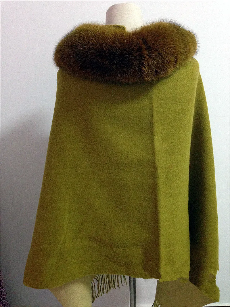 Зеленый платок с меховая отделка натуральный Лисий мех воротник шарф женские зимние Осень-весна серый красный зеленый Кашемир меха S38