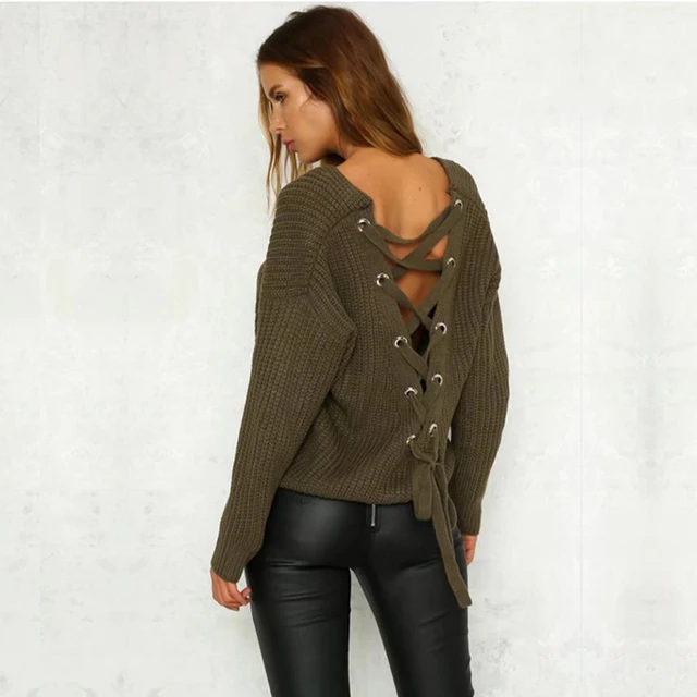 Modest 2018 new V-neck loose cross straps drawstring openwork sweater Modest 2018 new V-neck loose cross straps drawstring openwork sweater