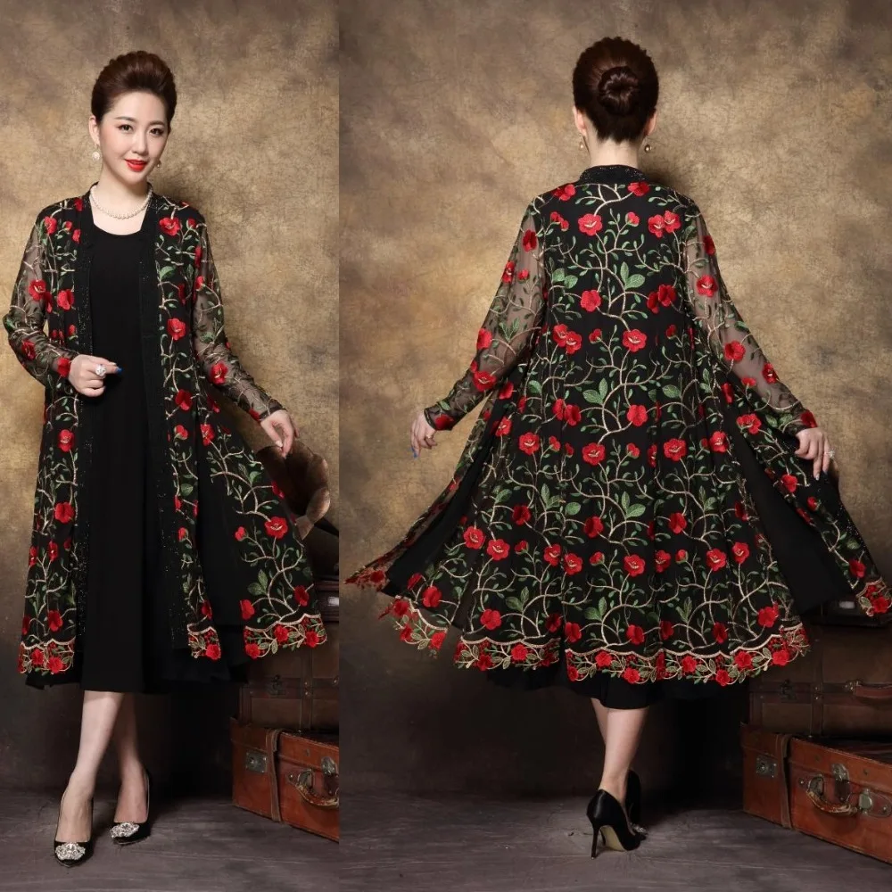 

NewChina style Elegant Groom Mother long dress retro Embroidery Twinset dress middle age ladies fall party dress Plus size XXXXL