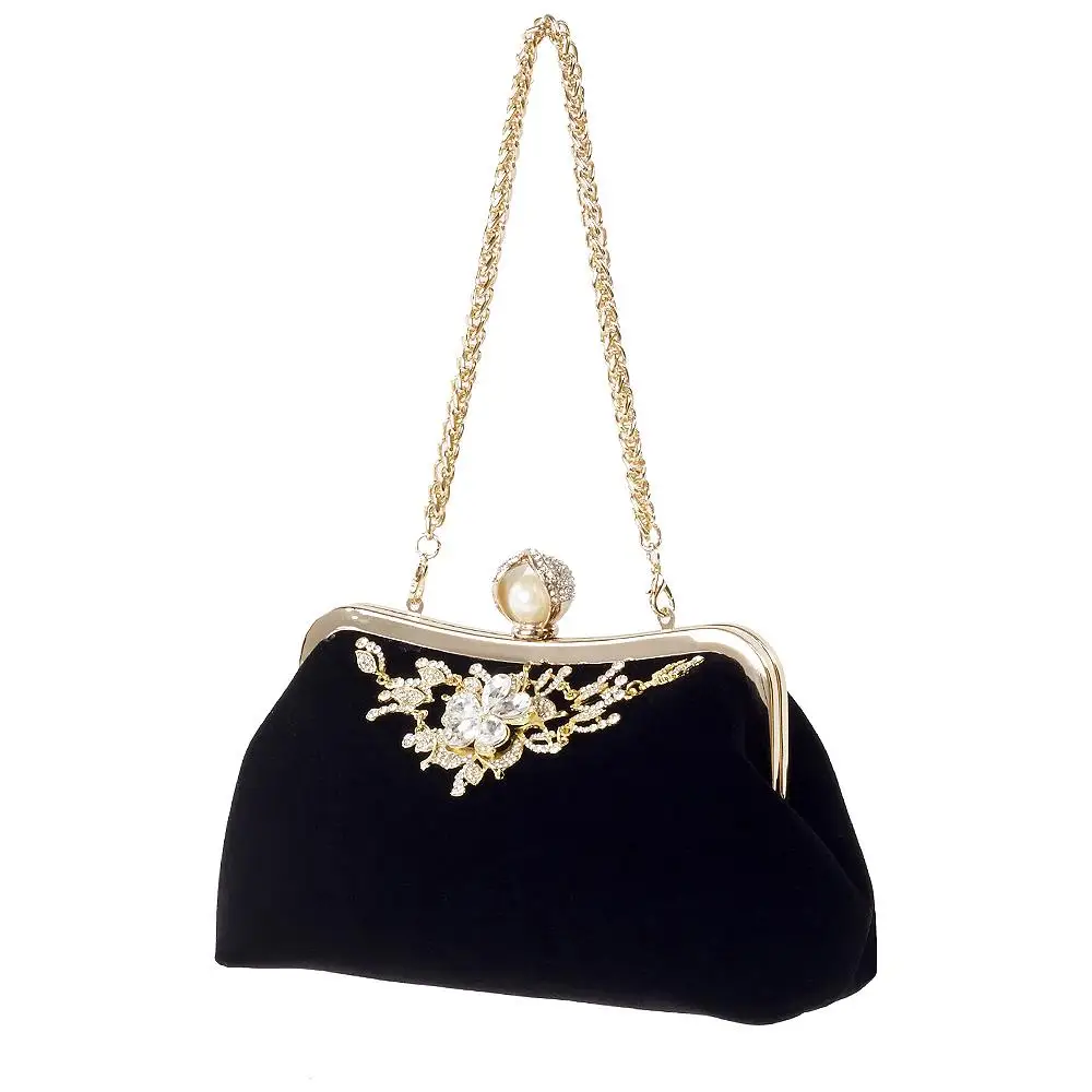 ICON Female Diamond Pearl Handbag Vintage Crystal Flower Evening Bag Wedding Party Bride Clutch Bag Purse - Цвет: Black