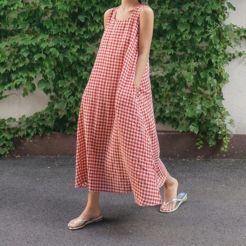 Summer Women Long Dress Sleeveless Plaid Lady Sundress Loose Plus Size Dresses Korean Style Casual Simple Beach Robe Dresses Summer Women Long Dress Sleeveless Plaid Lady Sundress Loose Plus Size Dresses Korean Style Casual Simple Beach Robe Dresses