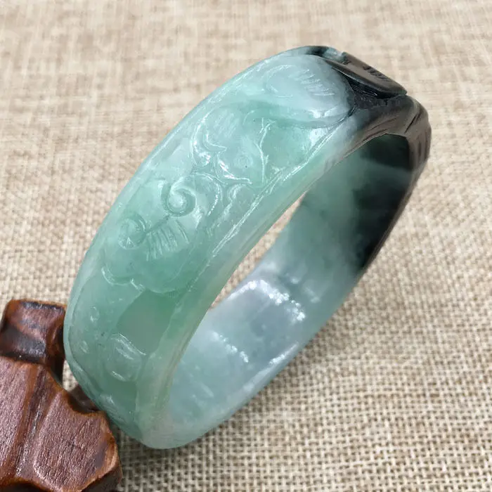

60mm Vintage Chinese Hand-carved Black Green Jadeite Jade Bracelet Bangle 767