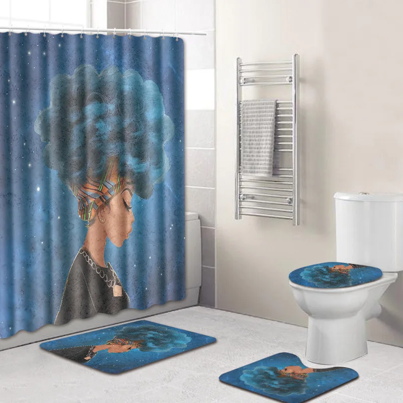 Мода африканская женщина шаблон полиэстер занавеска для душа комплект Нескользящие ковры для ванной комнаты Туалет фланелевый коврик для ванной комплект 4 шт./