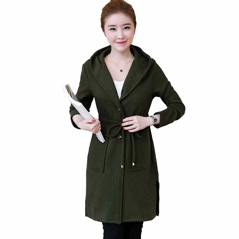 ^Cheap 2019 New Plus size L-5XL Knit Cardigan Jacket Women Sweaters Spring Autumn Hooded Casual Tops Female Belt Slim Sweater Coat G492