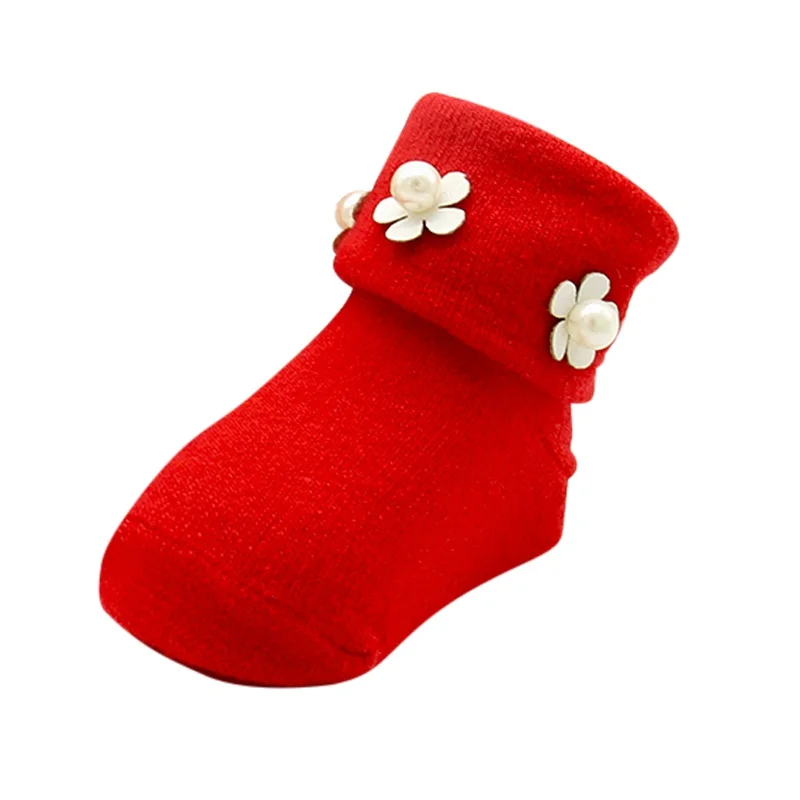 Осенние носки для новорожденных, малышей, украшенное цветами и бусинами с кружевными вставками и носки для принцессы, Детские теплые однотонные шелковые носки - Цвет: YTM1341 Red