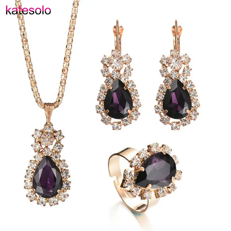 

Charm Jewelry sets Fashion Purple Rhinestone Crystal Water Drop Necklaces Earrings Long Pendants Jewellery Set For Women