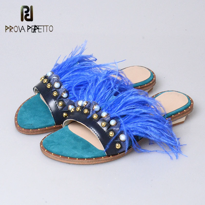 

Prova Perfetto European Hot Sale Genuine Leather Sandals Women Rhinestone Feather Fashion Flat Sandals Slip-on Shoes Woman