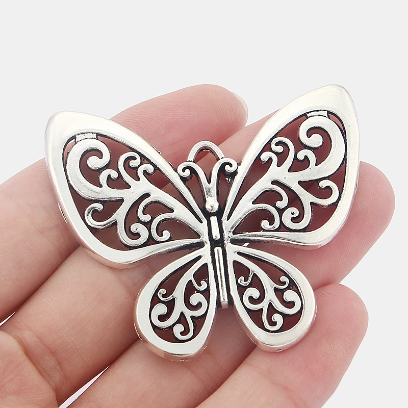 8PCS Tibetan Silver Hollow Filigree Butterfly Insect Charms Pendants for Necklace DIY Jewelry Making 56x49mm