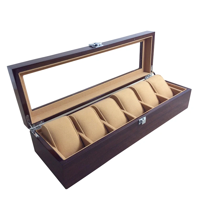 

6 Grid Elegant Durable Dark Red Wooden Watch Display Box Watches Case Windowed Jewelry Storage Holder Organizer Free Shipping