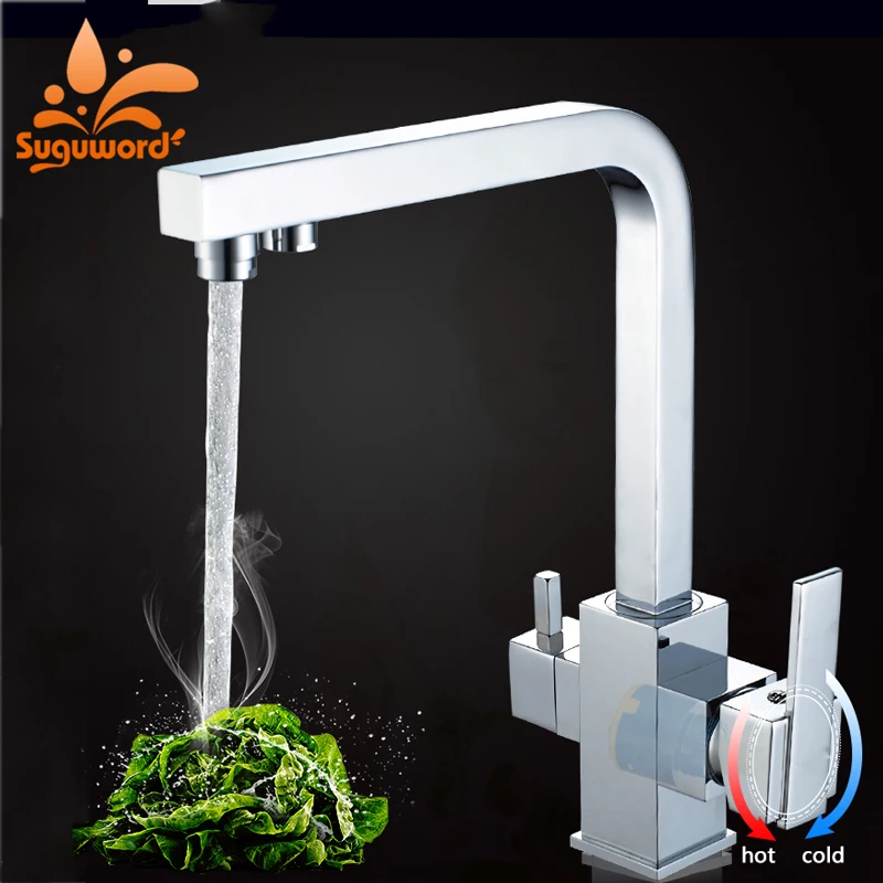 

Suguword Chrome Kitchen Pure Faucet Dual Holder One Hole Deck Mounted Hot and Cold Mixer Tap Drinking Water Directly