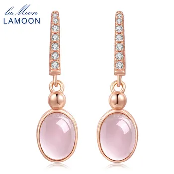 

LAMOON 925 Sterling Silver Jewelry Drop Earrings for Women 100% Natural Pink Rose Quartz Rose Gold Plated Dangle Earring EI006