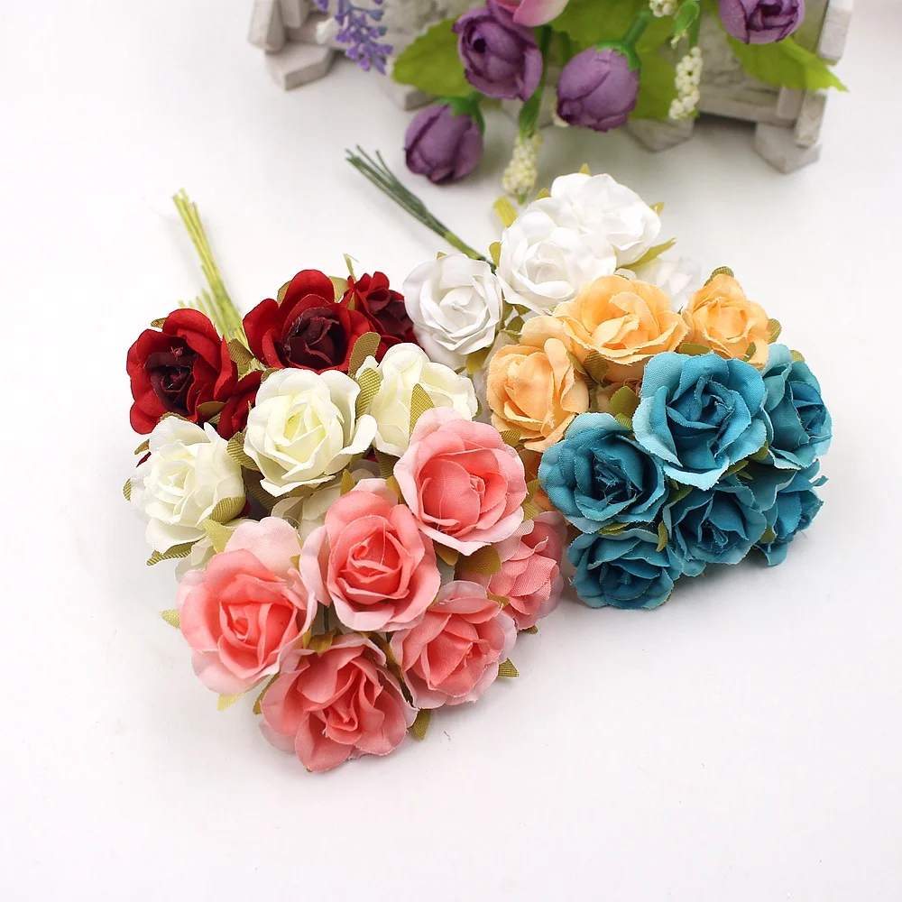 6pcs 2.5cm Decorative Silk Scrapbooking Mini Rose Artificial Flower Bouquet For Wedding Craft Decoration DIY Wreath Flower
