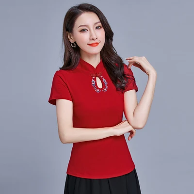Женская Ретро рубашка с вышивкой в китайском стиле, женская летняя новая хлопковая футболка с коротким рукавом и воротником-стойкой в национальном стиле - Цвет: Красный