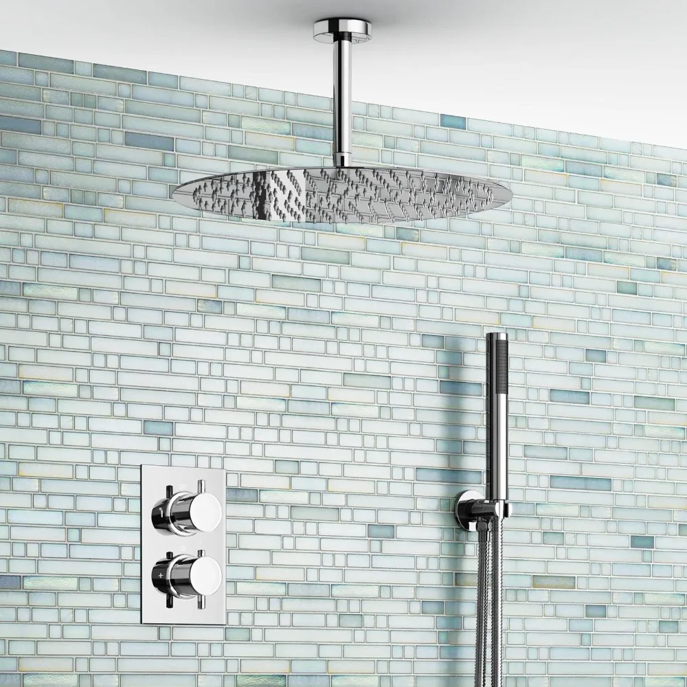 

16" Ceiling Round Mixer Thermostatic Shower Set Ultra Thin Head Bathroom Chrome Valve Set
