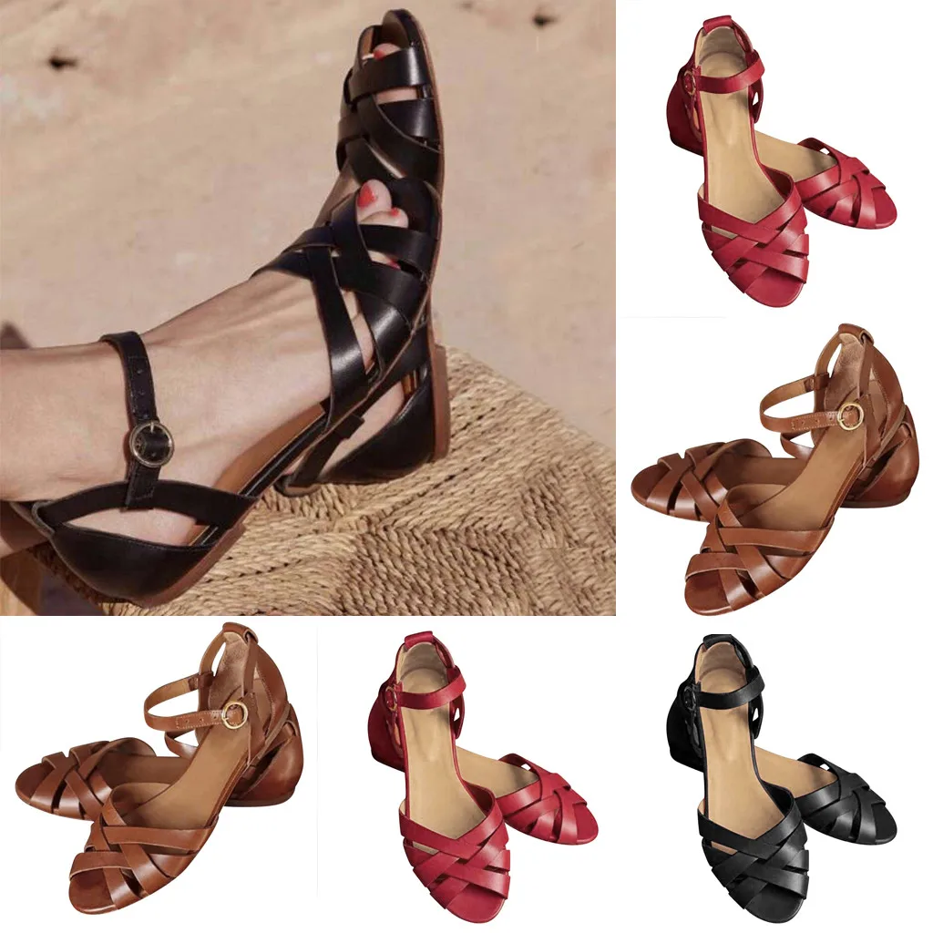Женская Повседневная обувь летние сандалии с открытым носком римские сандалии с ремешком на щиколотке и пряжкой на мягкой плоской подошве zapatos de mujer