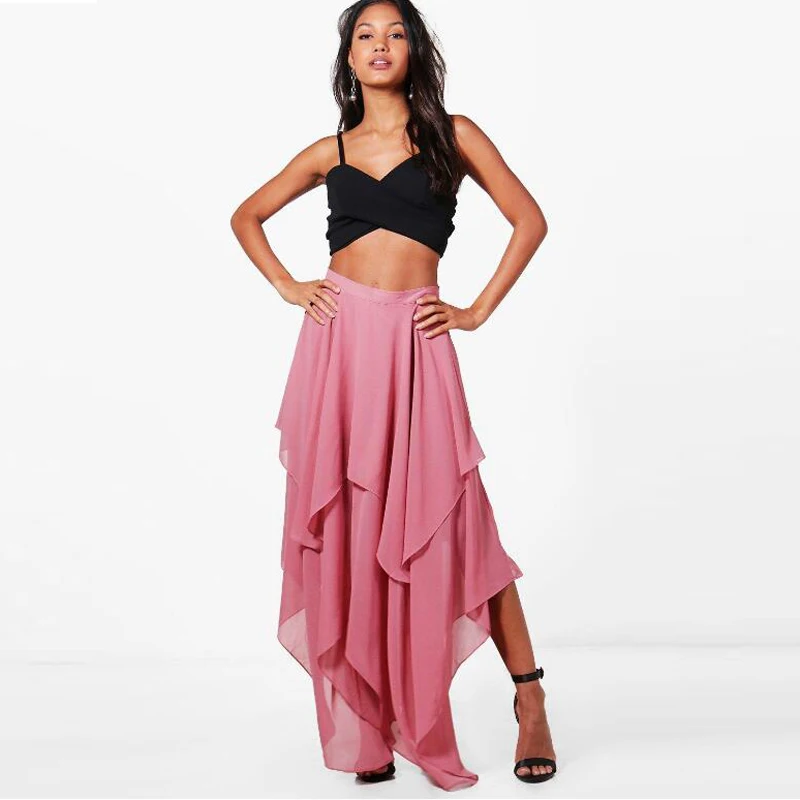 Розового цвета оборками Многоуровневое Длинные Шифоновая юбка на молнии Стиль индивидуальный заказ Для женщин юбка летние женские