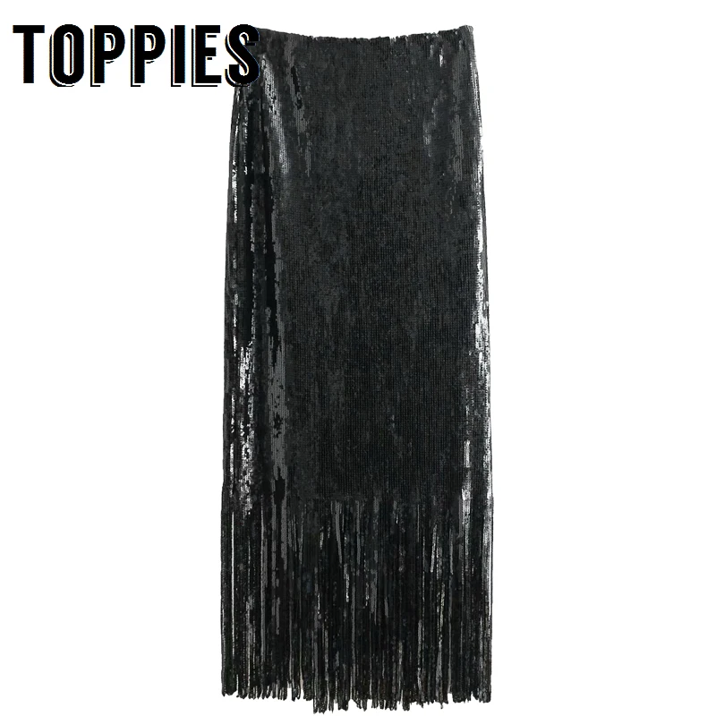 

Sequined Black Tassel Skirt High Waist Maxi Long Skirt Lady Elegant Overskirt Fashion Streetwear