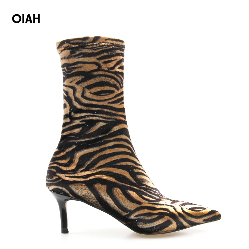 

Fashion Rome Women Ankle Boots Sexy Flock High Heels Point Toe Leopard Fine Heel New Winter Ladies Short Shoes