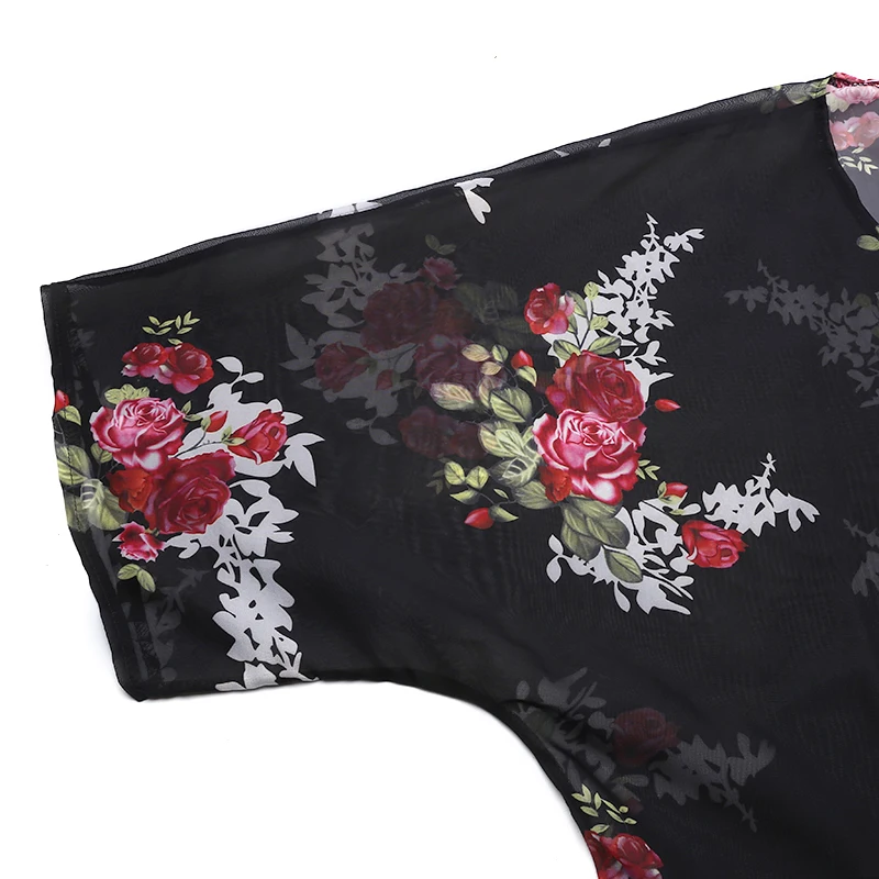 Women Boho Floral Loose Blouse Open Stitch Tops Shirt Floral Print Chiffon Cardigan Kimono Summer Beachwear Black Gray Blusas