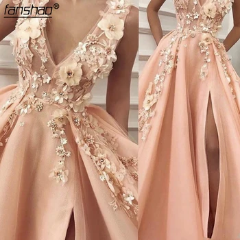 

Peach Muslim Evening Dresses A line V Neck Tulle Appliques Crystals Beaded High Slit Islamic Dubai Saudi Arabic Prom Dress-in Ev