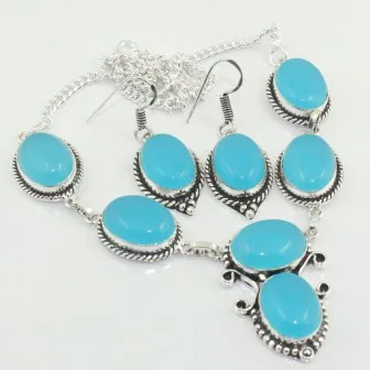 

Aqua Chalcedony Necklace Earing Silver Overlay over Copper , 44.5 cm, N3493