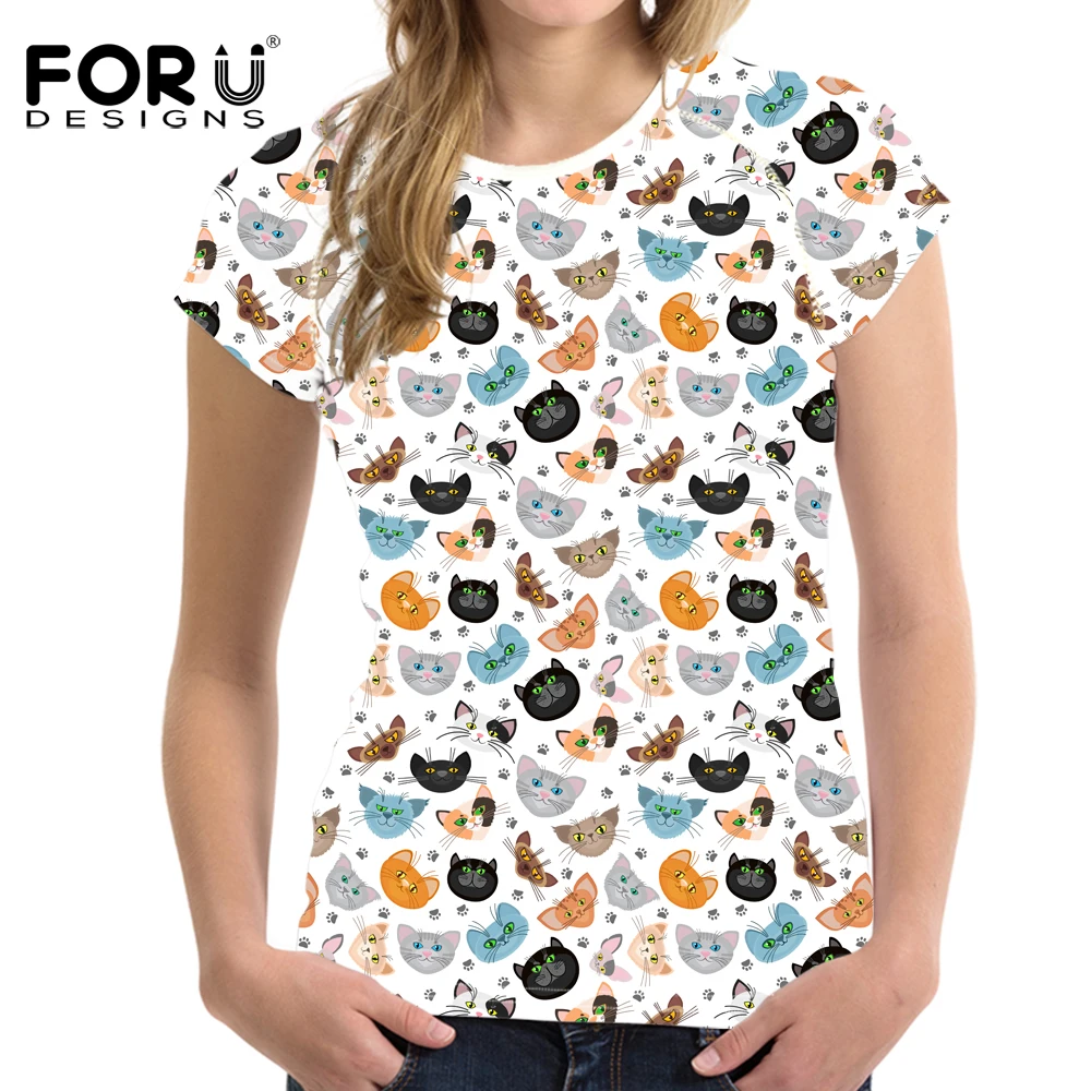 

FORUDESIGNS Lovely Cartoon Animal Print Female T Shirt Fashon Summer Short Sleeve Tops Tee Shirt Cute Cat T-Shirt for Girls Lady