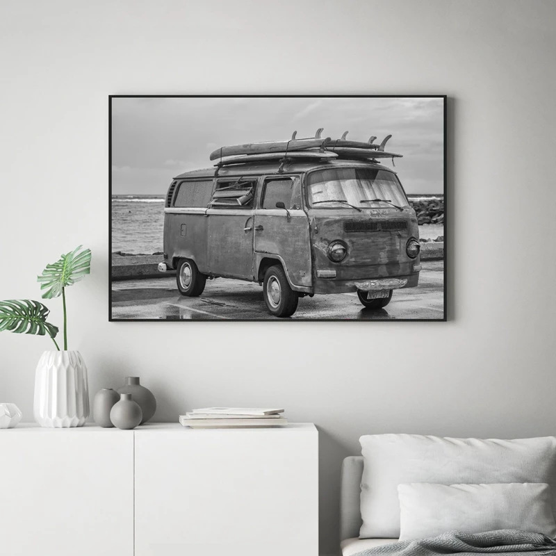 Surfing and old vans print living room decor