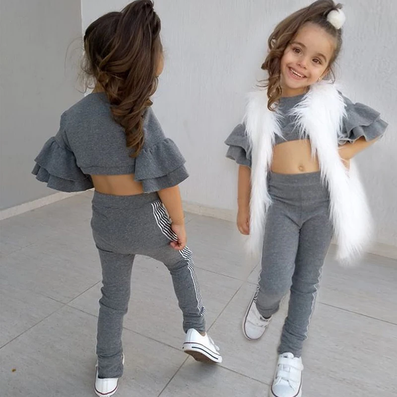 

2019 Spring Autumn Fall Kids Baby Girls Slim Fit Tops Pants Leggings Outfits Set Clothe