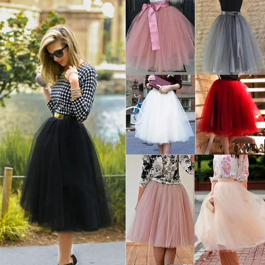 7 слоев Тюлевая юбка средней длины для модная одежда для девочек женские юбки однотонные бальное платье юбка-пачка для вечеринки Лолита