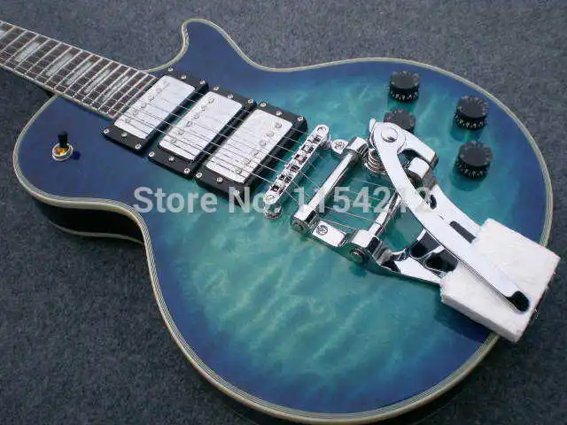 

hot selling !!Newest Arrival 3 Pickups Custom Guitar LP Blue Quilted Top Chrome Hardware with Bigspy Tremolo