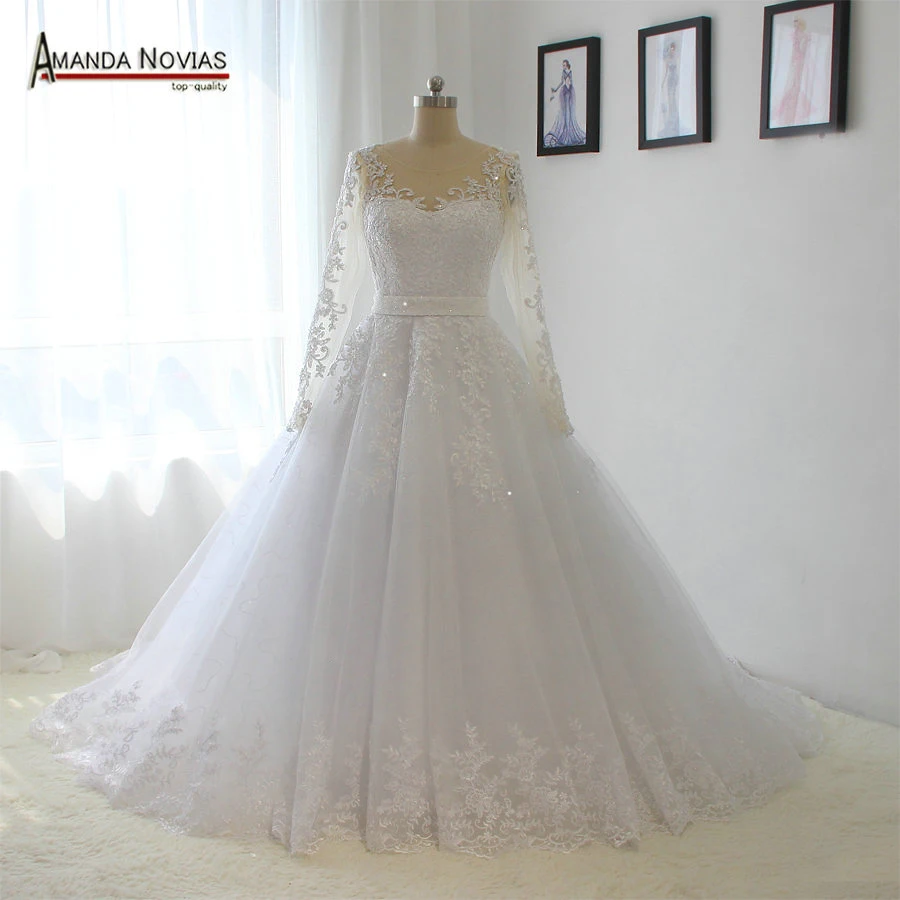 

Elegant high quality 100% real photos amanda novias wedding dress with lace sleeves