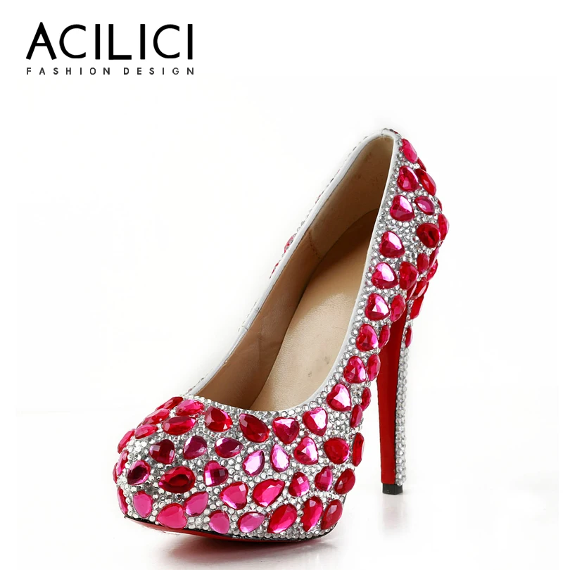 

Wedding Shoes Crystal Pumps Party Round Toe Thin Heel Diamond Heel 14cm Platform 3cm