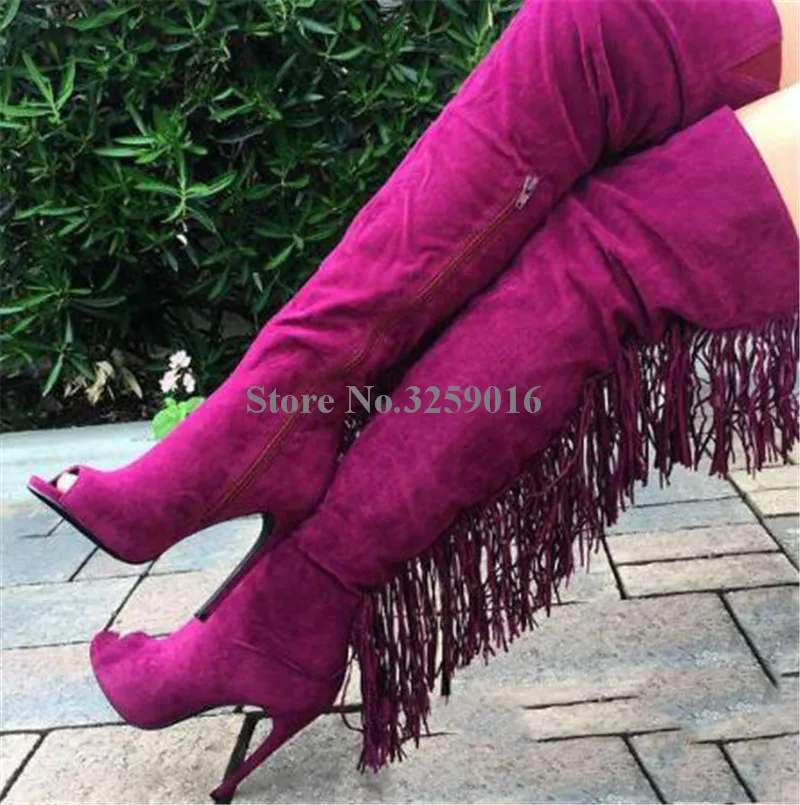 

Women Charming Style Peep Toe Suede Leather Over Knee Thin Heel Tassels Gladiator Boots Fringes High Heel Long Boots Dress Shoes