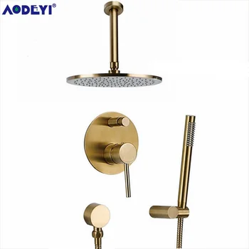 Solid Brass Brushed Gold Bathroom Shower Set Rianfall Shower Head Shower Faucet Wall Mounted Shower Arm Mixer Water Set kemaidi bathroom shower head gooseneck square brass wall mount shower arm ultrathin bathroom shower head set