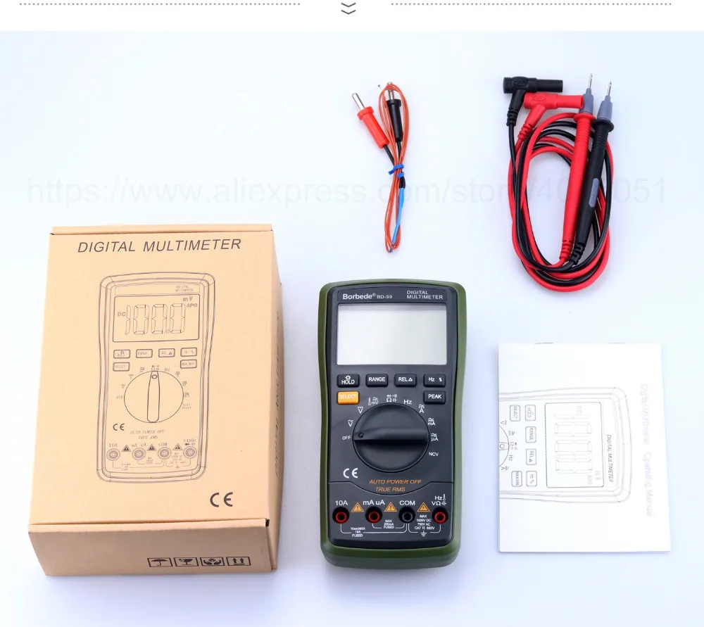 Borbede BD-99 Цифровой мультиметр 20000 отсчетов Автоматический диапазон DC AC Сопротивление Емкость пиковое удержание истинное RMS NCV диод тестер