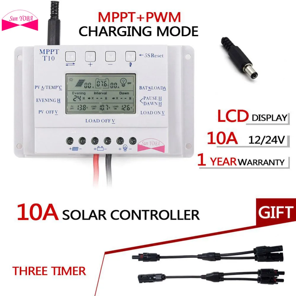 

MPPT 10A LCD Solar Panel Battery Regulator Three Timer Charge Controller 12V/24V + Y Type Solar Panel Cable Connectors MC4