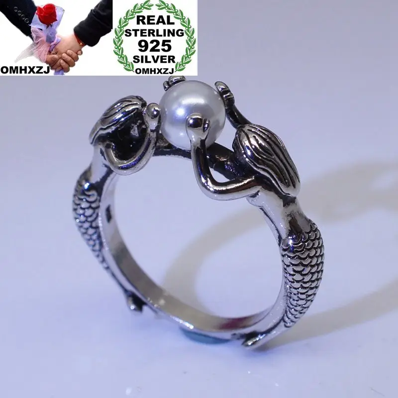 

OMHXZJ Wholesale European Fashion Woman Girl Party Wedding Gift Silver White Mermaid Pearl 925 Sterling Silver Ring RR01