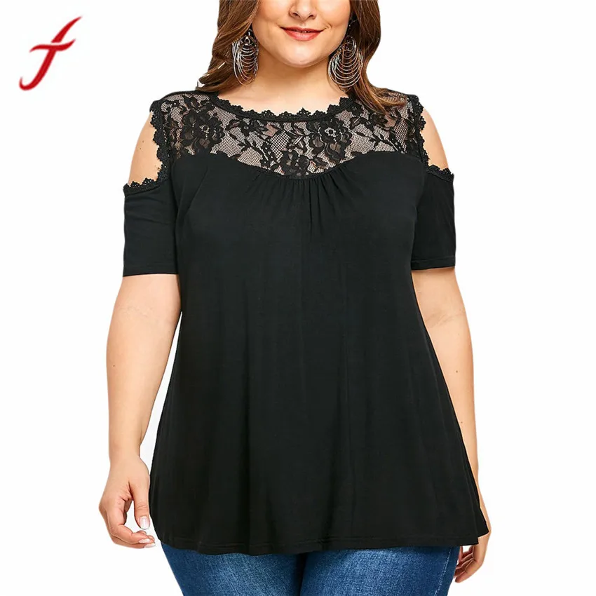 

FEITONG Women Blouse Sexy Perspective Cold Shoulder Strapless 2019 Summer Shirt Lace Patchwork Short Sleeve Blusas Femme 5XL