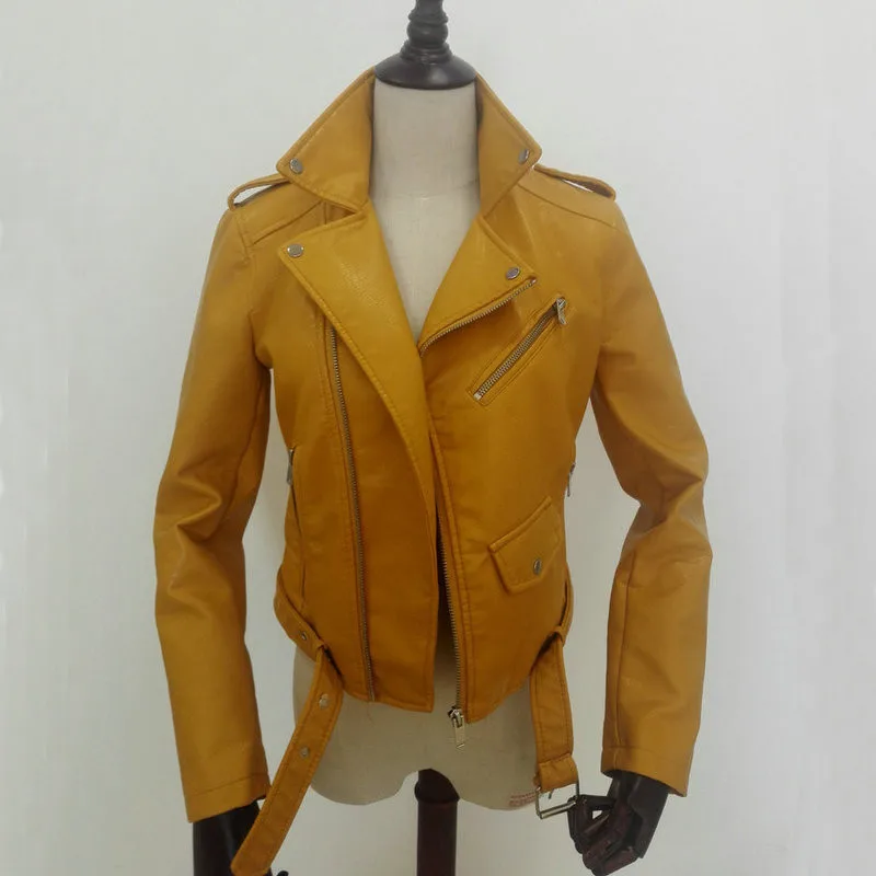 

2018 New Fashion Autumn Winter Women Brand Faux Soft Leather Jackets Pu Blue Red Yellow Zippers Long Sleeve Motorcycle Coat