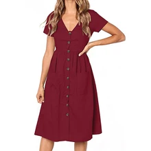Women's Fashion Summer Short Sleeve V Neck Button Down Swing Midi Dress with Pockets brown fashion self tie design midi outerwear with side pockets