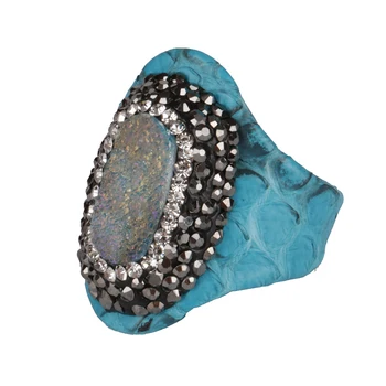 

KEJIALAI New Arrival Snake Leather Rhinestone Natural Druzy Stone Paved Fashion Rings for Women Statement Party Jewelry Bijoux