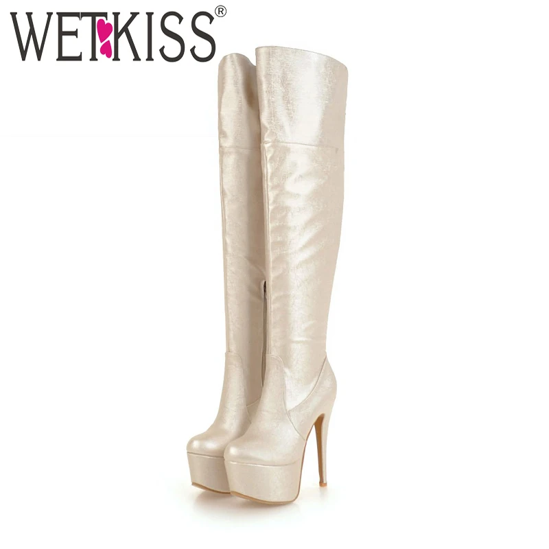 

WETKISS High Heels Boots Round Toe Zip Footwear Pu Over The Knee Female Boot Platform Shoes Woman 2018 Winter Plus Size 33-48